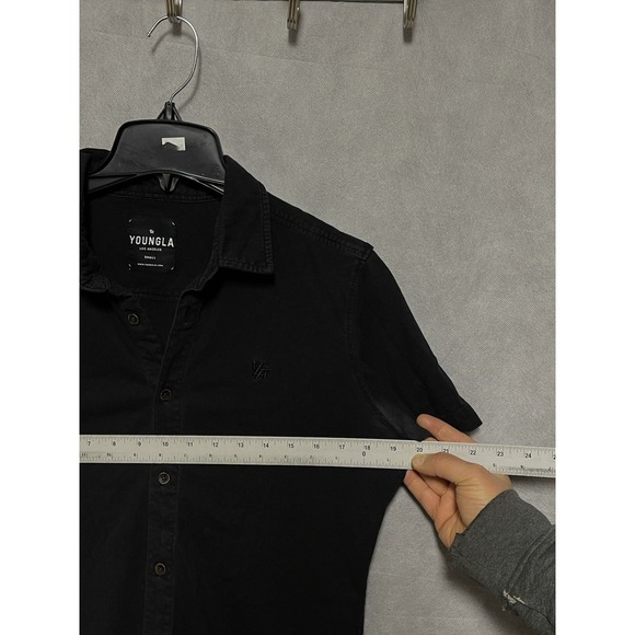 Youngla Shirt Men S Black Knit Performance Button Up Short Sleeve Casual Active - Picture 3 of 7